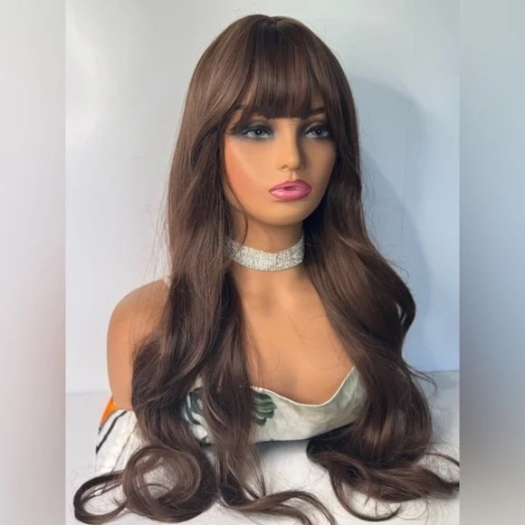 Chestnut Brown Wig with Bangs for Women – Long Wavy Heat Resistant Wig - Picture 2 of 7